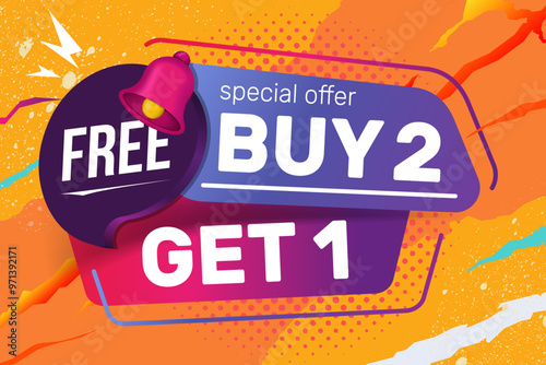 Buy 2 get 1 free badge. Promotion Sale Discount banner. Modern sales concept design. Banner with offer badge, perfect for highlighting special offers. Vector illustration.
