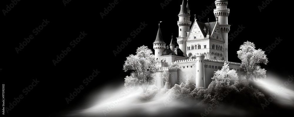 Whimsical fairy tale castle on a hill, black and white, line art ...