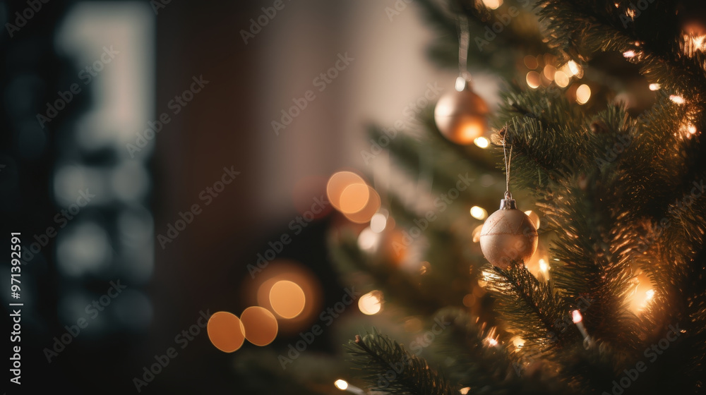 Christmas tree with glowing lights and gold ornaments in a cozy setting Christmas tree with glowing lights and gold ornaments in a cozy setting