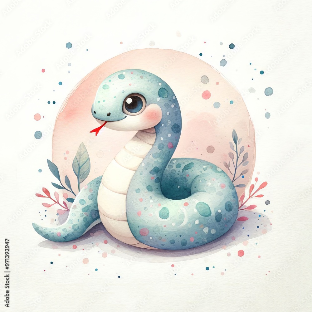 Friendly Patterned Snake Watercolor Illustration with Artistic Blue and Green Tones on White Background Friendly Patterned Snake Watercolor Illustration with Artistic Blue and Green Tones on White Background