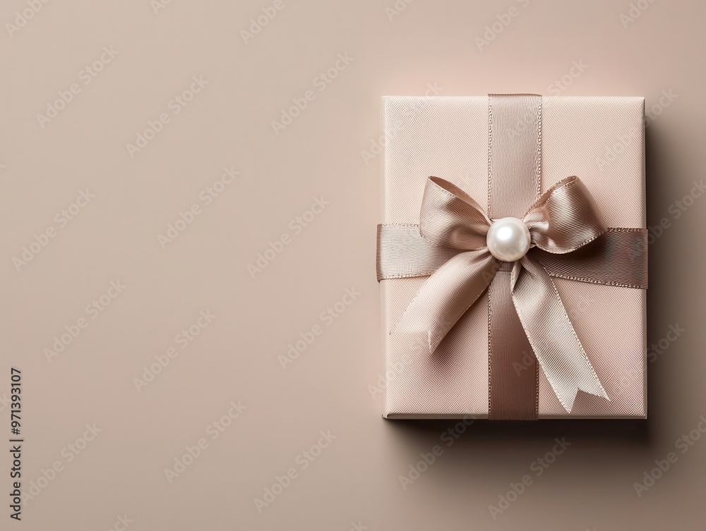 Gift box with a pearl necklace inside, tied with a silk ribbon, set on a soft beige surface, minimalist design, top view Gift box with a pearl necklace inside, tied with a silk ribbon, set on a soft beige surface, minimalist design, top view