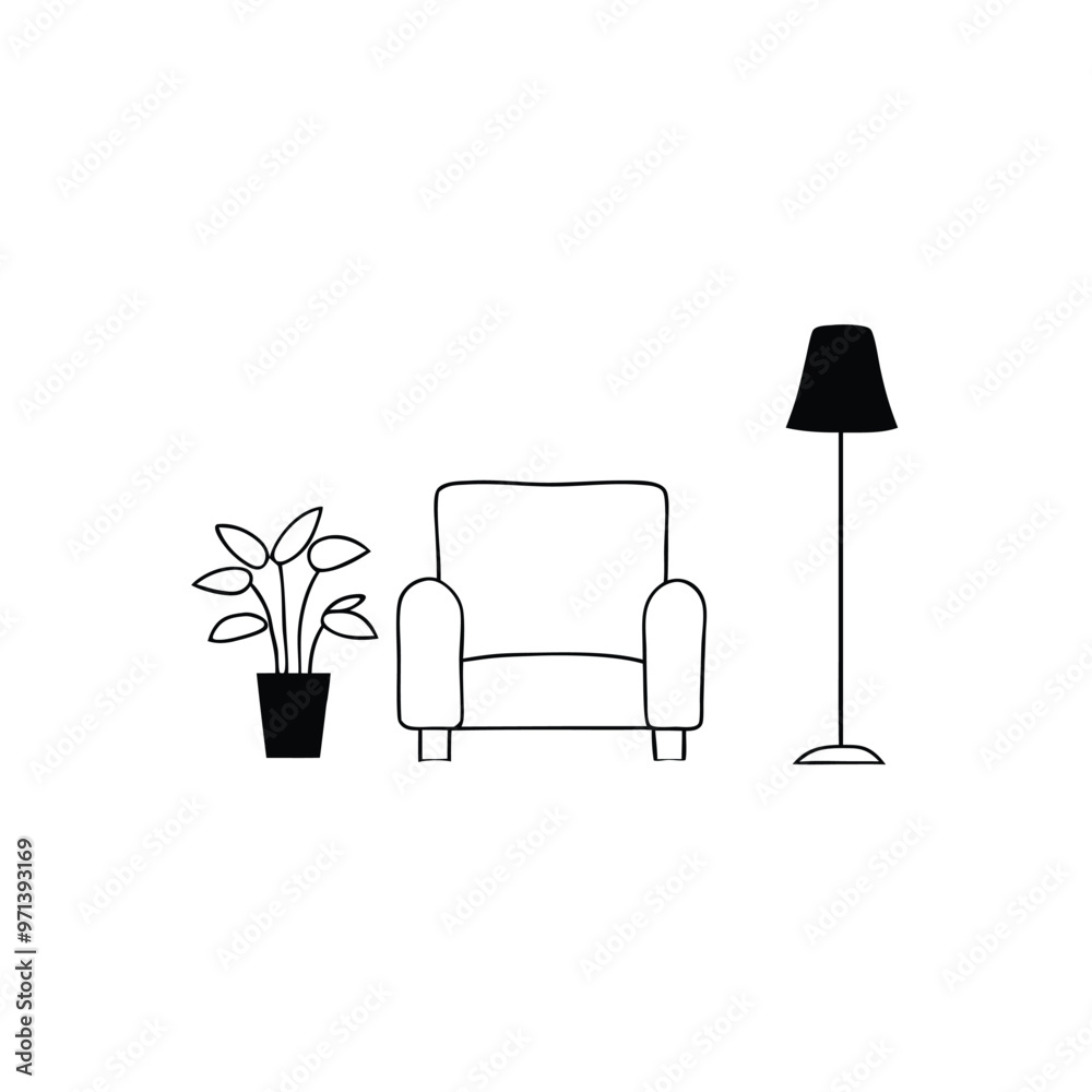 a chair lamp and potted plants, line art vector illustration, isolated white background a chair lamp and potted plants, line art vector illustration, isolated white background