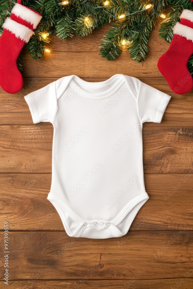 Blank baby bodysuit hanging near a warm fireplace with Christmas stockings and garlands Blank baby bodysuit hanging near a warm fireplace with Christmas stockings and garlands