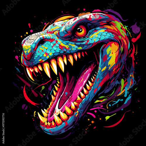 Roaring dinosaur head illustration, neon colors, fierce reptile on black background, t-shirt print design