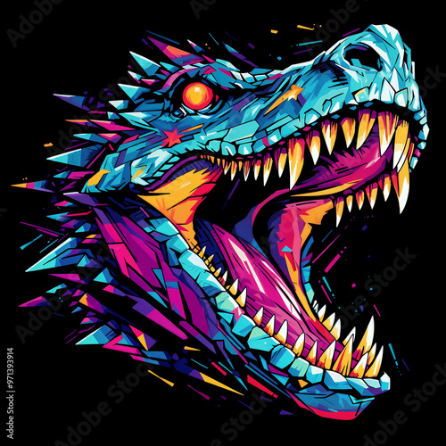 Fierce abstract dinosaur illustration, neon colors, roaring reptile head on black background, t-shirt print design