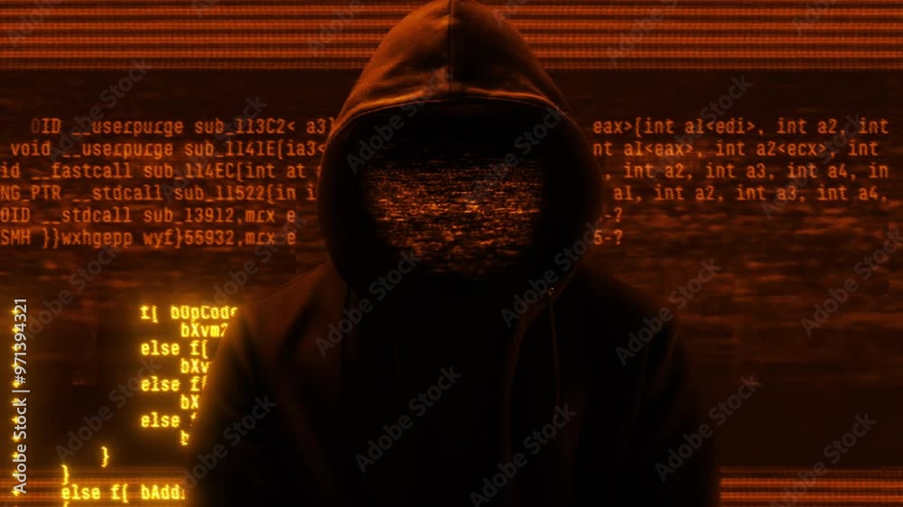 Hacker with hoodie and glitch face. Computer abstract digital code at the background. Dark web or darknet fraud. Cryptocurrency bitcoin mixer concept. Cybersecurity and social network data protection