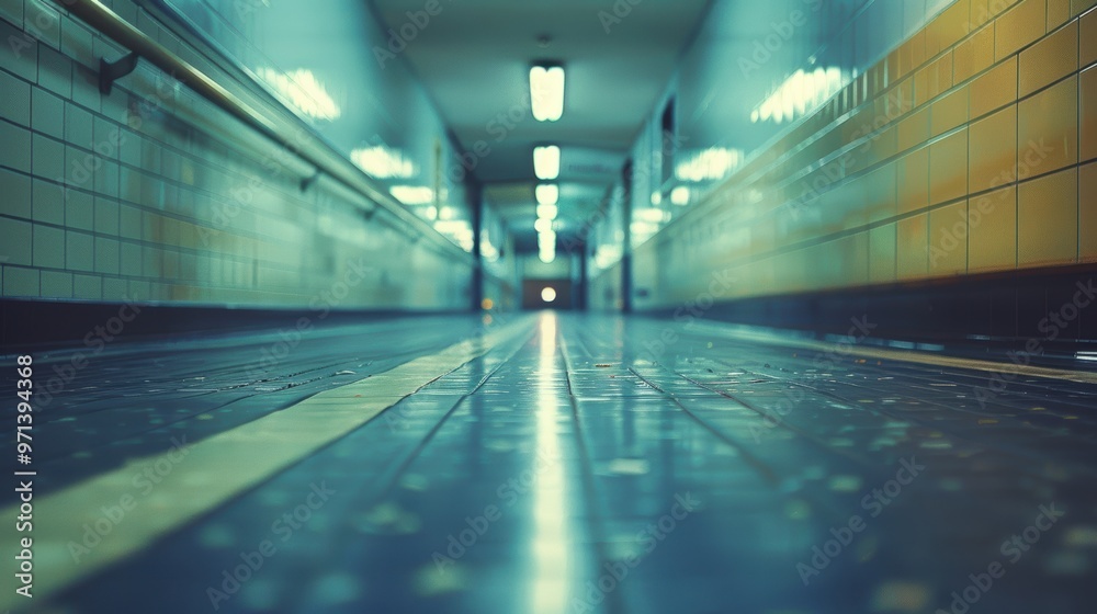 A dimly lit, narrow corridor with reflective tiled flooring, yellow railings, and fluorescent ceiling lights gives a sense of travel towards unknown destinations A dimly lit, narrow corridor with reflective tiled flooring, yellow railings, and fluorescent ceiling lights gives a sense of travel towards unknown destinations