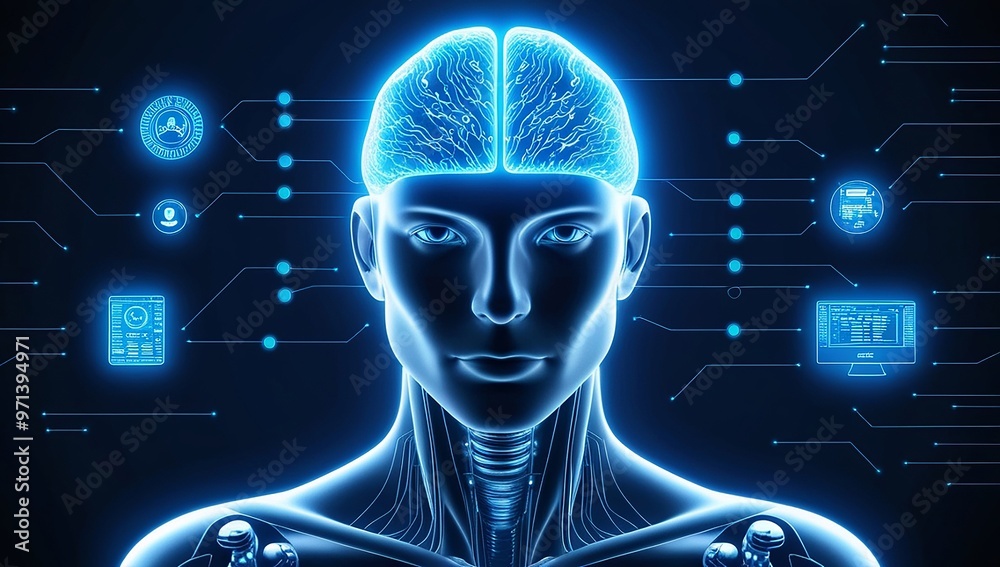 AI-powered humanoid head with neural networks processes data, artificial intelligence deciphers large data sets. Cyber mind technology background concept. Made with generative AI technology AI-powered humanoid head with neural networks processes data, artificial intelligence deciphers large data sets. Cyber mind technology background concept. Made with generative AI technology