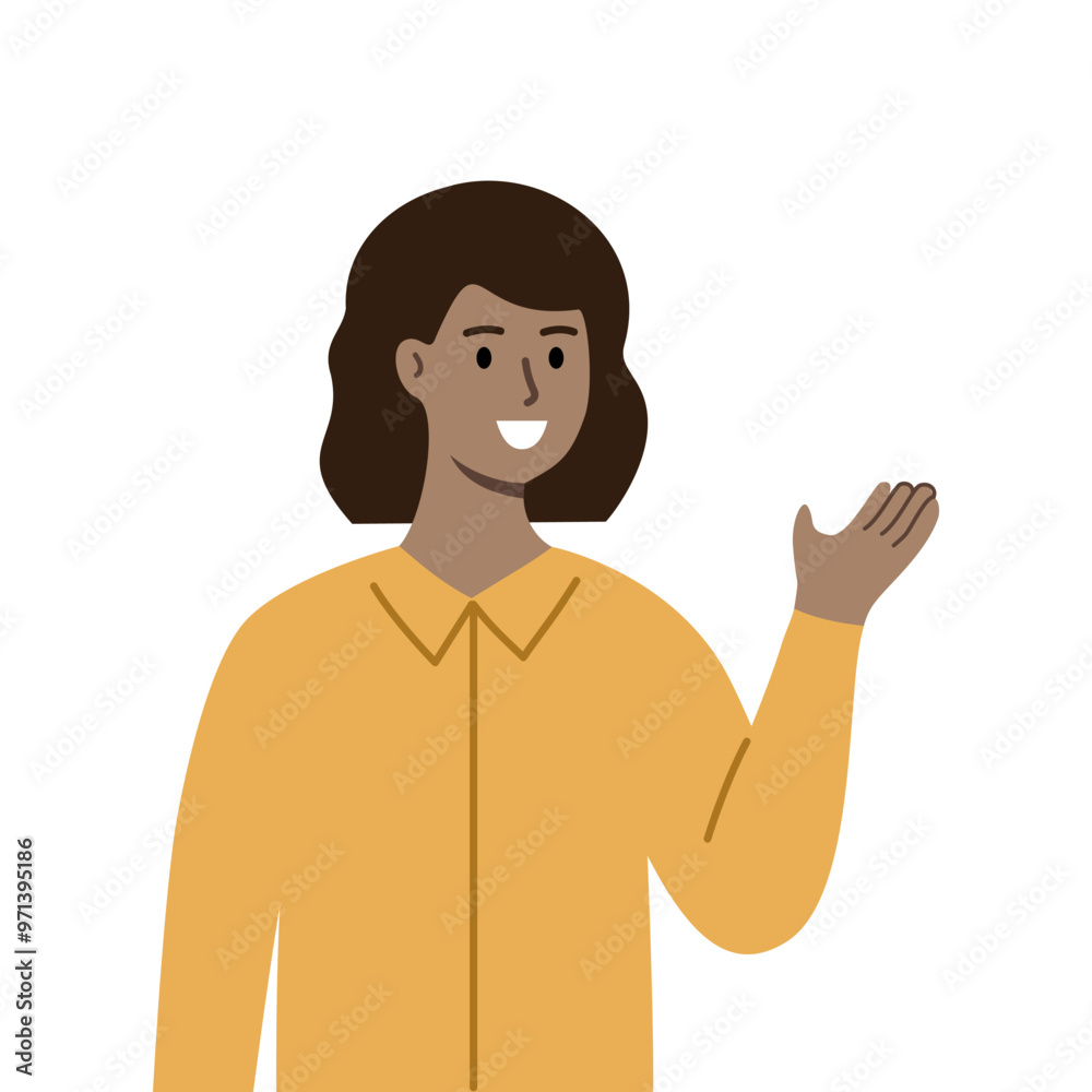 Smiling businesswoman introducing. Business Presentation, information guidance concept. Use for website, app. Flat vector character design illustration isolated on white background. Smiling businesswoman introducing. Business Presentation, information guidance concept. Use for website, app. Flat vector character design illustration isolated on white background.