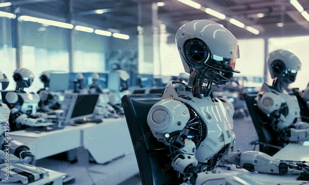 A group of robots are sitting at a desk, working on a computer A group of robots are sitting at a desk, working on a computer