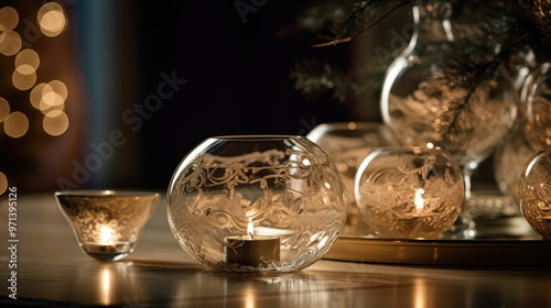  Elegant glassware and golden ornaments on a candlelit festive table