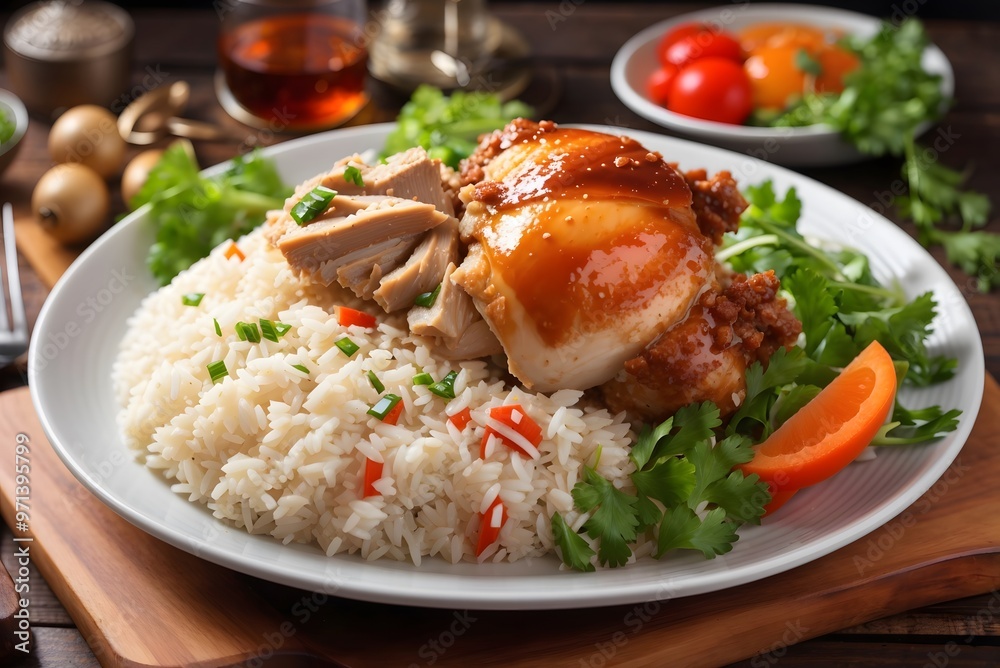Grilled chicken breast with vegetables, rice and cherry tomatoes. Healthy eating scene, grilled chicken on a wooden table. Grilled chicken breast with vegetables, rice and cherry tomatoes. Healthy eating scene, grilled chicken on a wooden table.