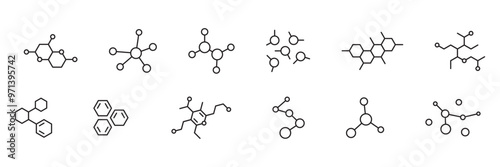 Big collection of black outlined molecular structures isolated networks. Vector icons in flat style.