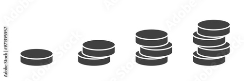 Stacked coins filles black illustrations isolated on white background for UI. Vector icons in flat style