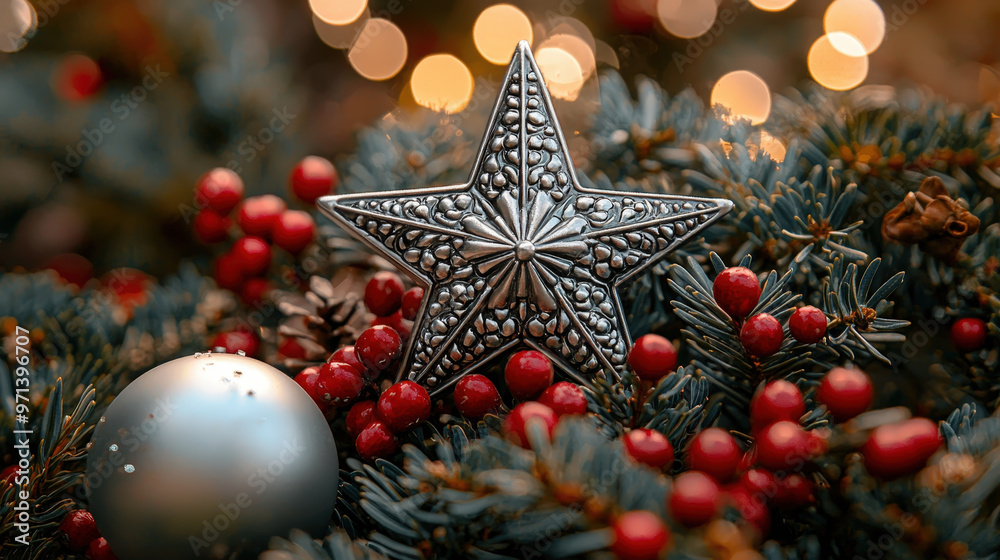 Silver star ornament and red berries on a festive Christmas wreath Silver star ornament and red berries on a festive Christmas wreath