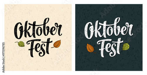 Oktoberfest calligraphic handwriting lettering with rays. Vector vintage illustration on dark background. Advertising design for poster and coaster