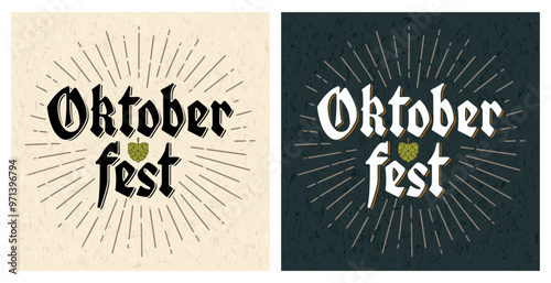 Oktoberfest gothic lettering with rays. Vector vintage illustration. Advertising design for poster and coaster