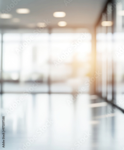 Blurry image of a modern office space with large windows allowing natural daylight to fill the room and soft colors throughout.