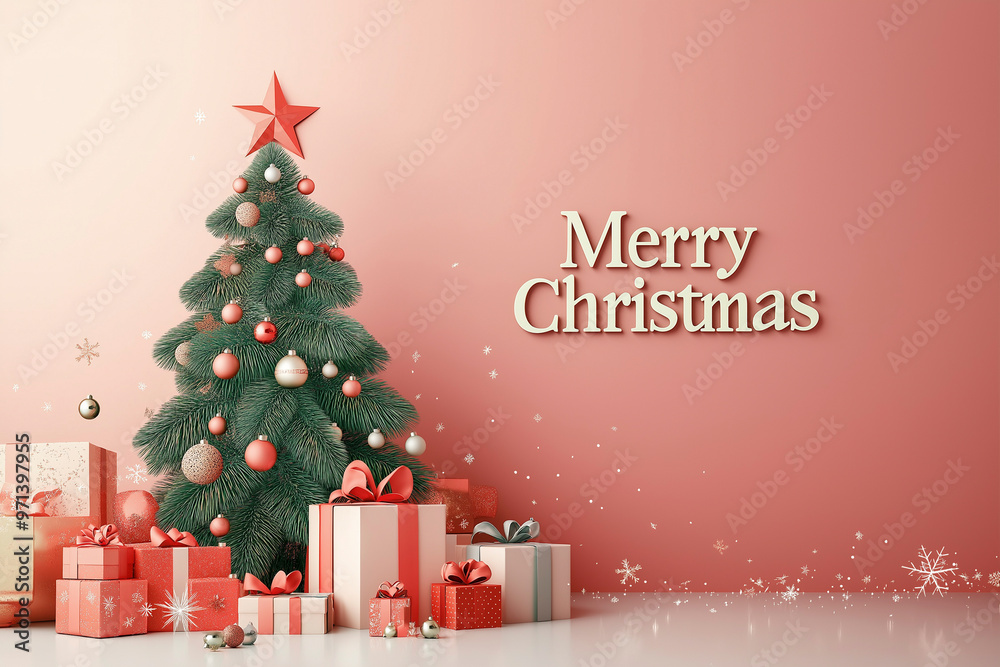 Naklejka premium Festive Christmas background featuring a 3D tree adorned with gifts and a cheerful Merry Christmas message for holiday celebrations