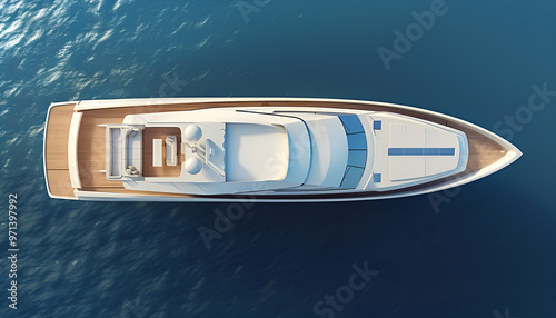 Aerial view of floating boat in transparent azure water on sunny summer day. Top view of yacht