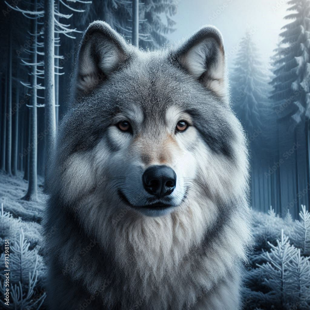 portrait of a wolf in the middle of a snowy forest portrait of a wolf in the middle of a snowy forest