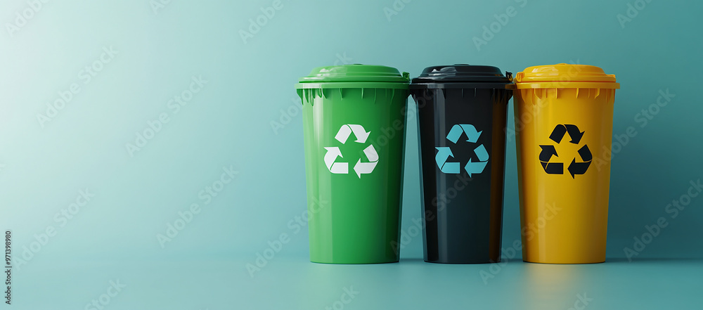 3D rendering of three colorful trash cans with recycling symbols 3D rendering of three colorful trash cans with recycling symbols
