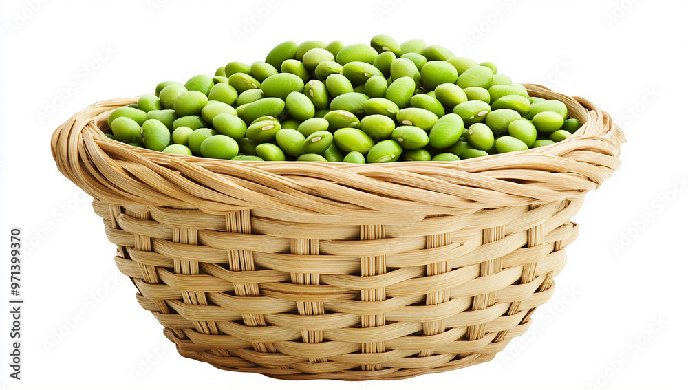 A bamboo basket filled with edamame beans, isolated on a white background A bamboo basket filled with edamame beans, isolated on a white background