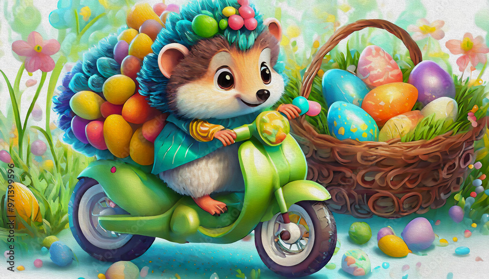 Obraz premium oil painting style CARTOON CHARACTER illustration CUTE baby hedgehog ride Stylish green cross motorcycle isolated