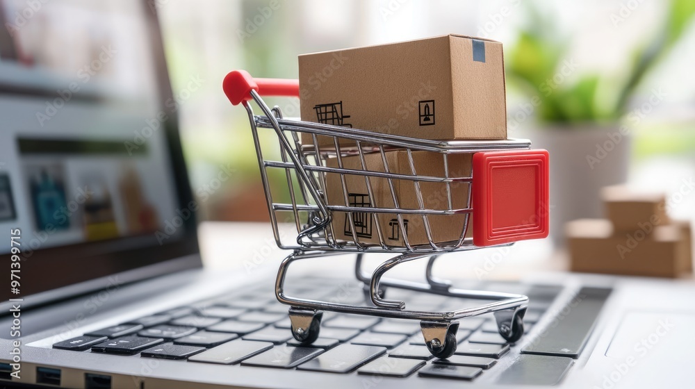 A miniature shopping cart filled with cardboard boxes sits on a laptop keyboard, representing online shopping. A miniature shopping cart filled with cardboard boxes sits on a laptop keyboard, representing online shopping.