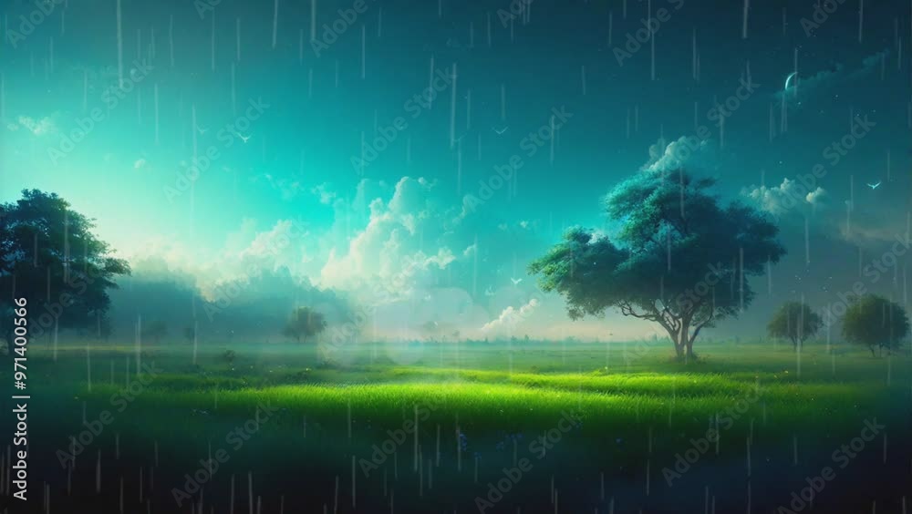 a green garden with trees and a rainy sky