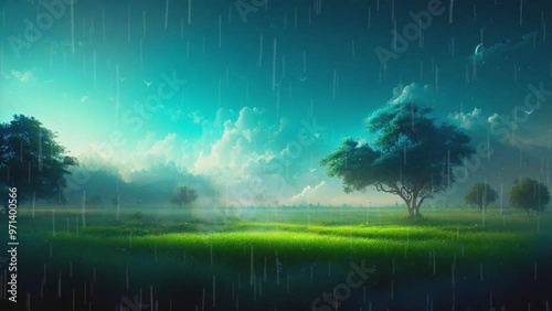 a green garden with trees and a rainy sky