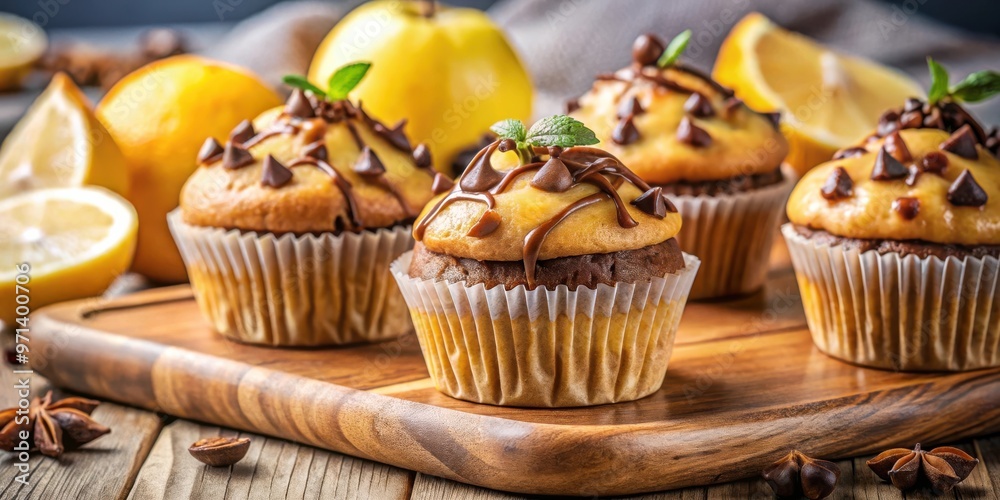 Delicious breakfast muffins topped with chocolate, pear slices, and lemon curd Delicious breakfast muffins topped with chocolate, pear slices, and lemon curd