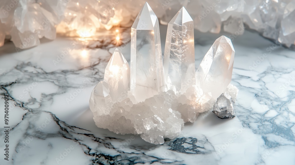 Natural clear quartz crystals arranged on a bright marble surface with soft lighting creating an elegant atmosphere Natural clear quartz crystals arranged on a bright marble surface with soft lighting creating an elegant atmosphere