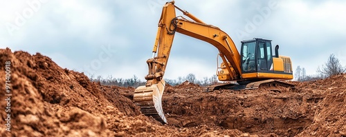 House foundation digging, excavator preparing the ground for a new house, Construction site, foundation work