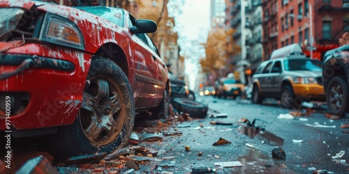 A red car lies damaged and abandoned on a city street filled with debris and shattered glass, surrounded by other vehicles and tall, urban buildings