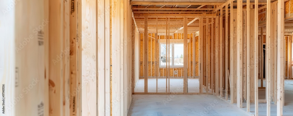 House framing overview, wide-angle view of a wooden frame house under construction, Structural framing, construction site House framing overview, wide-angle view of a wooden frame house under construction, Structural framing, construction site