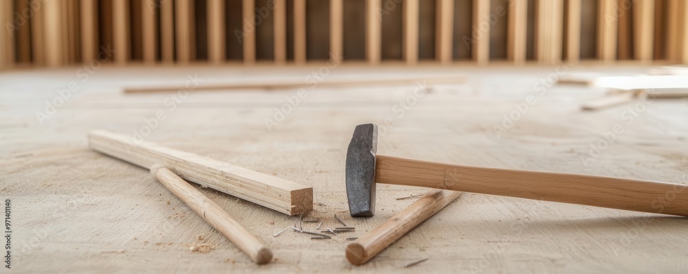 House framing tools, close-up of hammers, nails, and wood at a construction site, Carpentry, house building House framing tools, close-up of hammers, nails, and wood at a construction site, Carpentry, house building