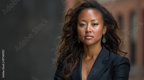 Confident woman with long wavy hair wearing a black blazer standing in an urban environment with blurred background featuring brick walls