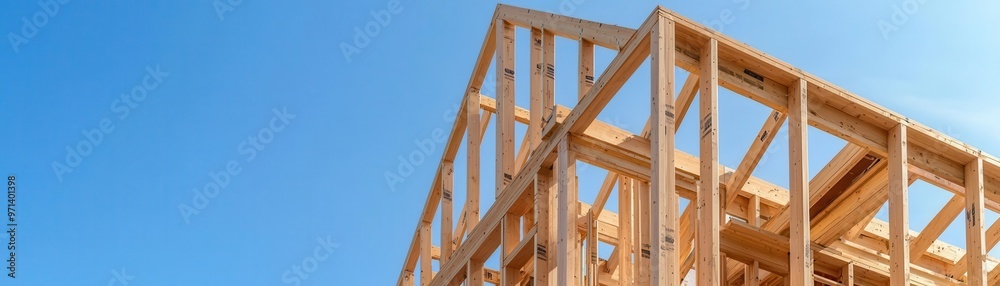 House framing under blue sky, wooden frame of a house under construction, bright clear day, Construction process, residential building House framing under blue sky, wooden frame of a house under construction, bright clear day, Construction process, residential building