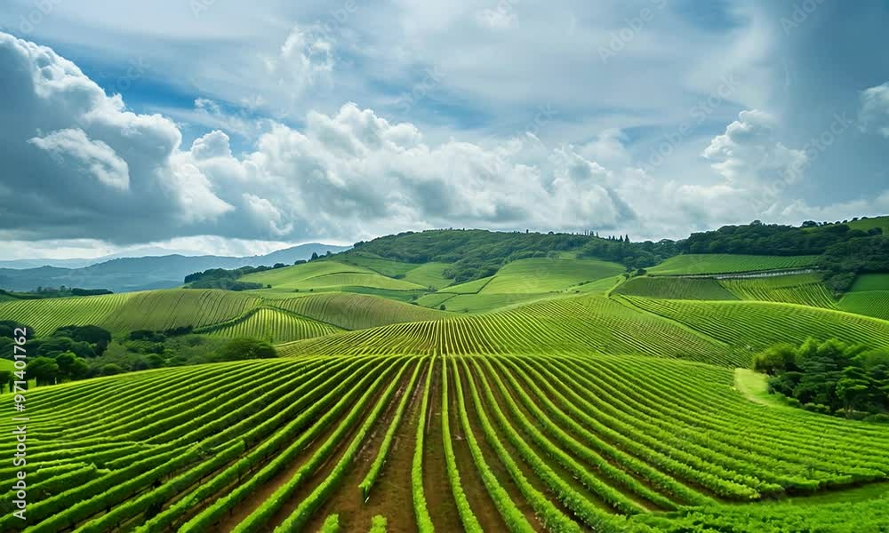 A lush green field with rows of grape vines A lush green field with rows of grape vines