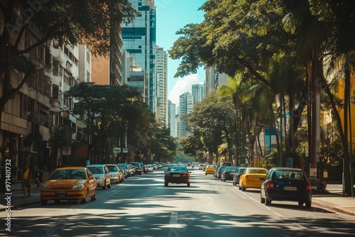 Green street with palm trees in Rio de Janeiro, cars drive along the busy road photo