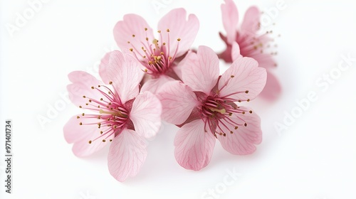 Close-up of pink cherry blossoms with a white background.