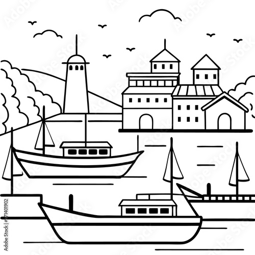 seaport outline coloring book page line art drawing