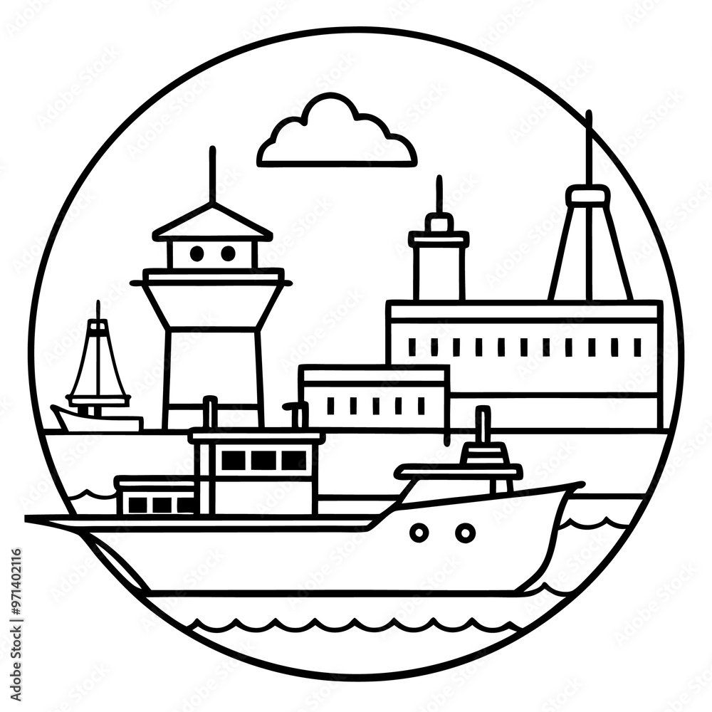 Fototapeta premium seaport outline coloring book page line art drawing