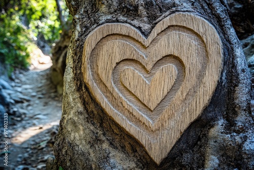 Heart carving on tree in forest trail