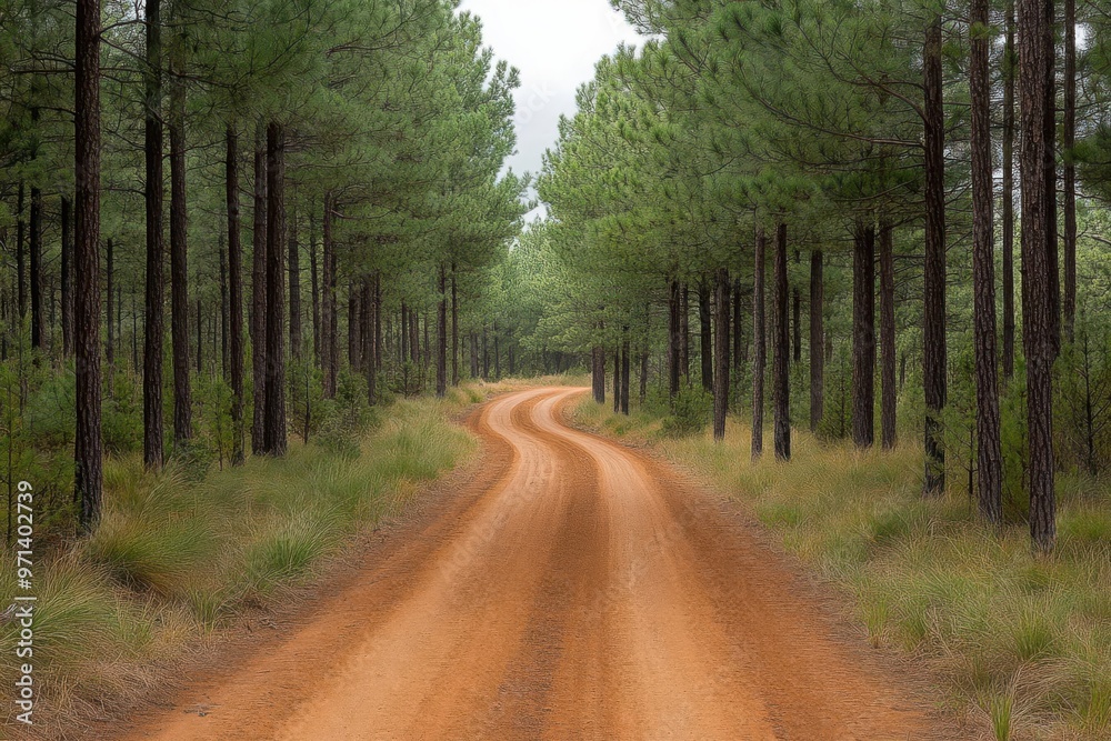 Obraz premium Dirt road winding through pine forest, rugged and wild