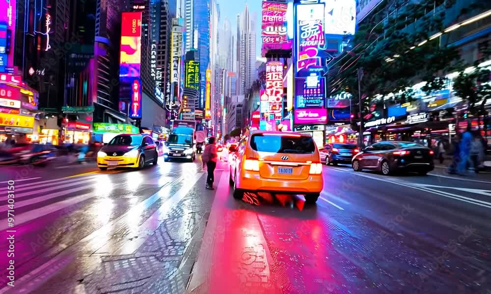 A blurry cityscape with neon lights and people walking on the streets
