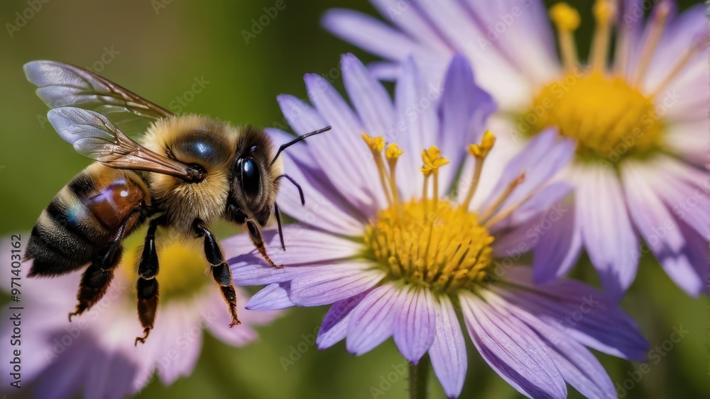 A bee pollinates vibrant purple flowers, showcasing nature's beauty and ecological importance. A bee pollinates vibrant purple flowers, showcasing nature's beauty and ecological importance.