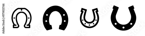 Collection of horseshoe icons, each representing the classic symbol of good fortune and luck. Ideal for use in designs related to prosperity, charm, and positive outcomes