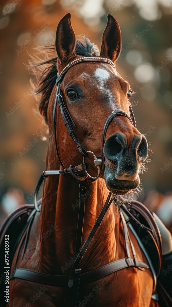 Obraz premium A majestic brown horse with a white marking on its forehead, captured in a close-up portrait during a sunny day, showcasing its intricate bridle and expressive eyes